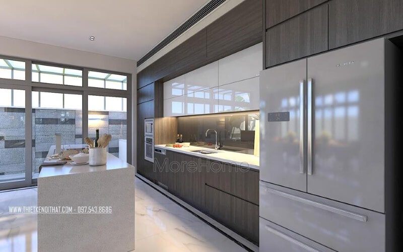 Bố trí nội thất phòng bếp hiện đại, sang trọng từ tủ bếp gỗ công nghiệp acrylic đồng màu cùng đá ốp cao cấp.